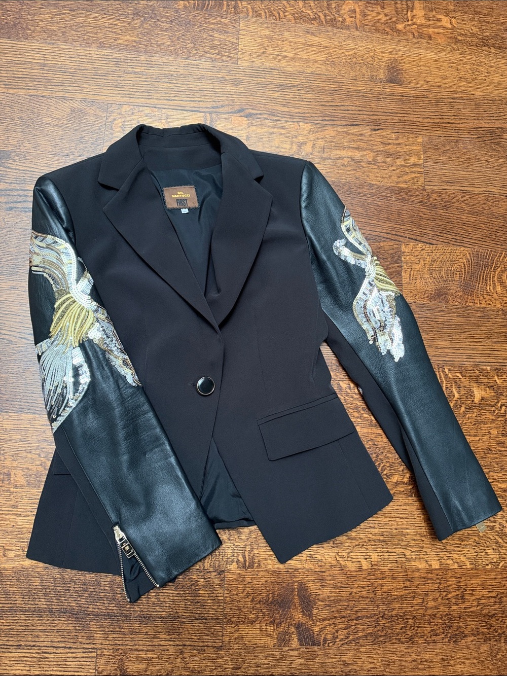Embellished Black Leather-Sleeve Blazer